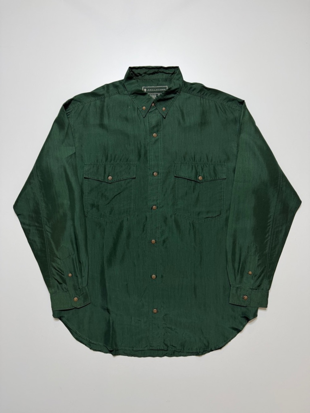 Vintage JJ.Farmer Silk Forest Green Long Sleeve Buttonup Shirt Mens Medium 90s